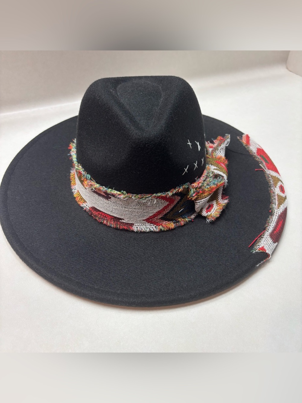 Black Wide-Brim Wool Felt Hat with Multicolor Tribal Band